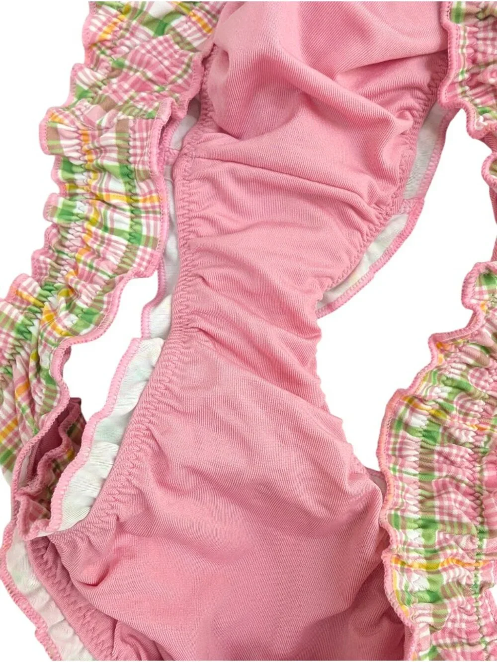 Pink X Frankie's Bikinis Pink Green Bikini Set Strawberry Plaid Ruffle Size M